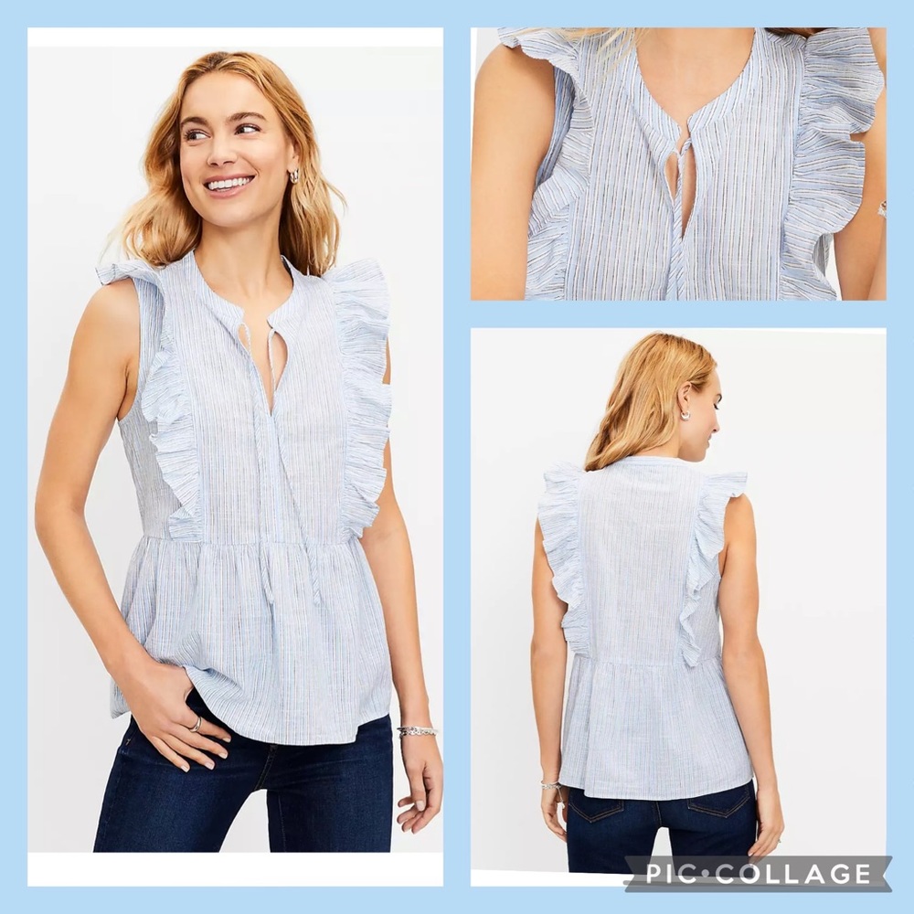 New Loft Striped Ruffle Tie Neck Peplum Top 100% Cotton